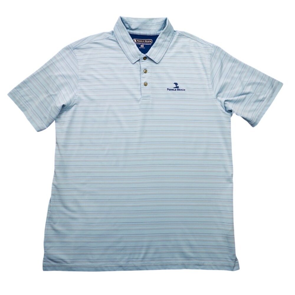 Pebble Beach Dry-Luxe Performance‎ Golf Polo Stitched Logo Blue Stripes Mens XL